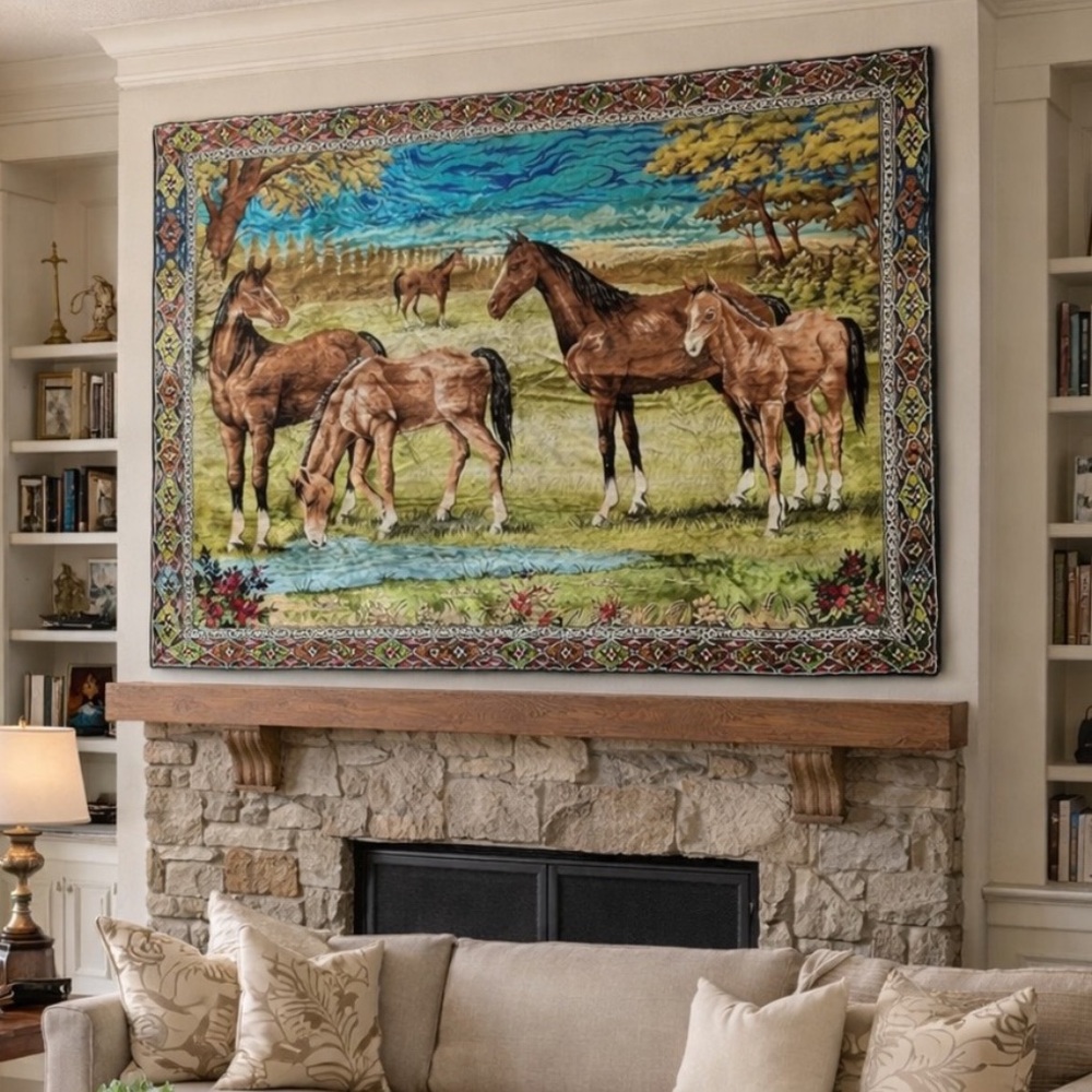 Vintage Wall Horse Tapestry Horses velvet 60s 70s wall hanging decoration